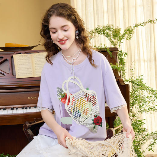 两三事花篮渐满2024夏季新款小清新印花立体装饰棉质t恤女宽松 商品图3