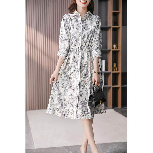 89115原形减龄印花衬衫连衣裙女2024春夏季新款法式时尚收腰显瘦裙子 商品图3