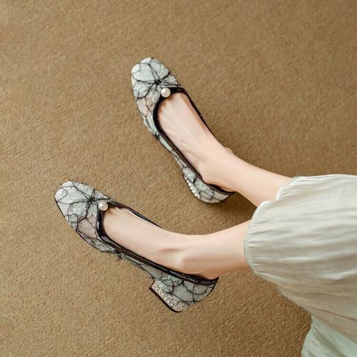 【预售5天】法式低跟网纱珍珠单鞋女2024新款真皮方头浅口透气玛丽珍鞋NJMK&K1018 商品图4