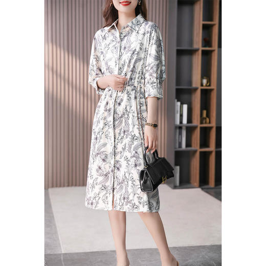 89115原形减龄印花衬衫连衣裙女2024春夏季新款法式时尚收腰显瘦裙子 商品图1