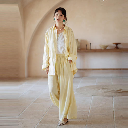 绽放409朵【甜茶系列·杏色布丁】塔克捏褶设计感长袖亚麻衬衫 商品图2