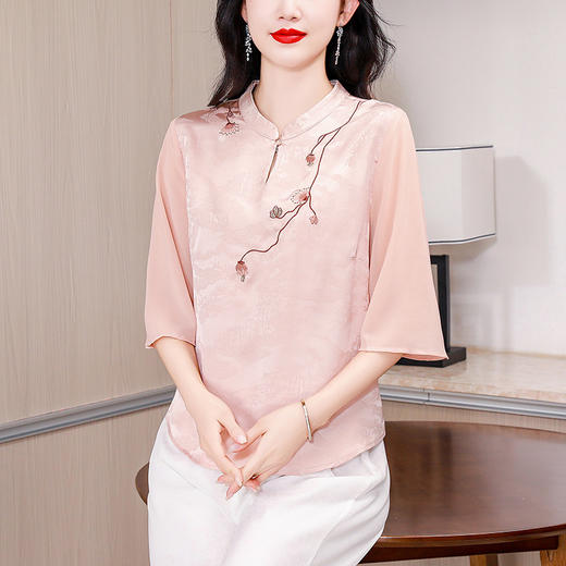 仿醋酸缎面提花短袖衬衫，高级感新中式国风上衣K-435H5769 商品图0