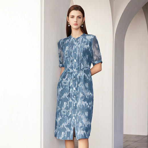 【桑蚕丝印花连衣裙】24年春夏新品女士100%桑蚕丝印花连衣裙时尚收腰系带真丝裙 商品图1