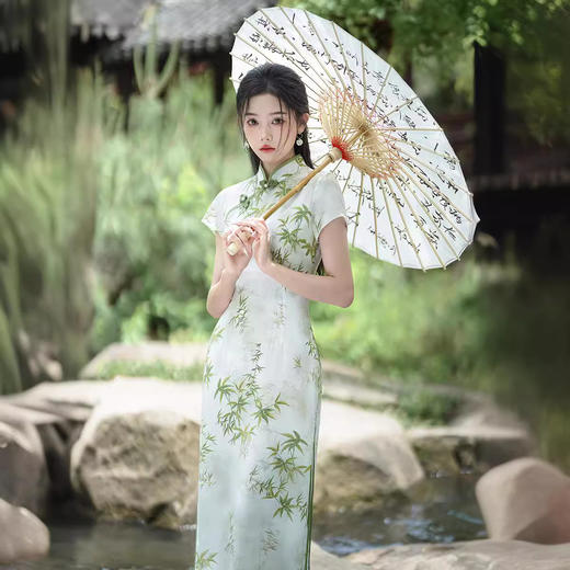 2024年夏新款新中式国风文艺长款修身气质双层轻薄改良旗袍XL1018 商品图3