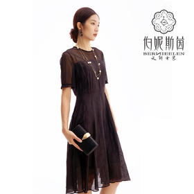 HJ2S19_漆黑色_连衣裙_春夏_复古网纱透视拼接收腰显瘦通勤气质连衣裙_高级女装_BERNIEELEN 伯妮斯茵