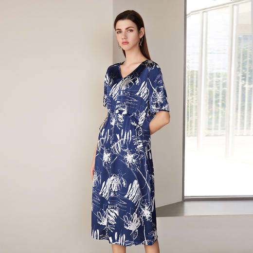 【V领拼接真丝裙】24年春夏新品女士100%桑蚕丝收腰系带真丝裙子 商品图1