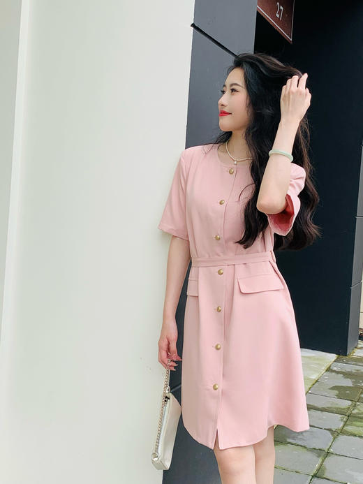 【百图lulu定制】【清雅小香风】皮革纹铜扣  清新雅致 香风短袖连衣裙 商品图9