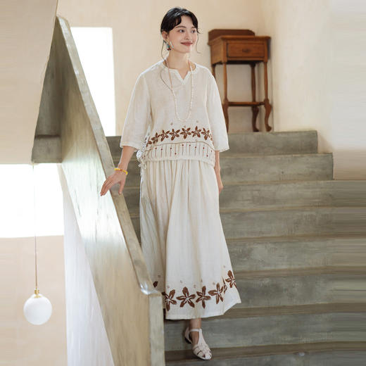 绽放402【甜茶系列·咖啡花】高支亚麻定位印花中长款度假半身裙 商品图1