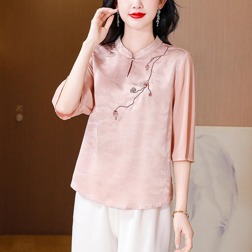 仿醋酸缎面提花短袖衬衫，高级感新中式国风上衣K-435H5769 商品图4