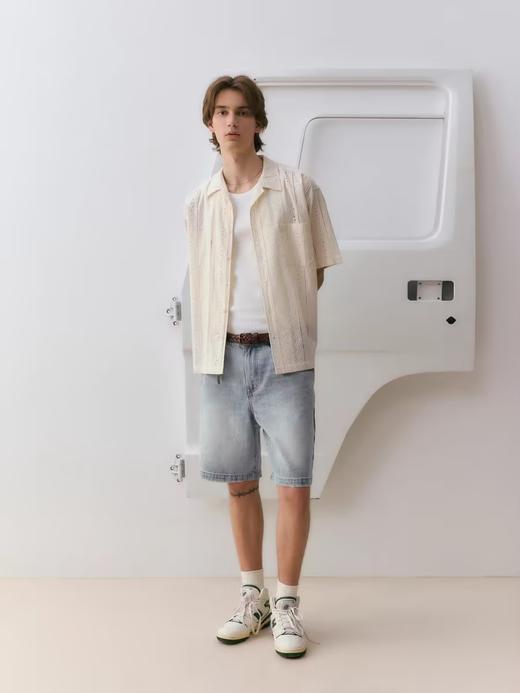 EviStub/E-4XCS93/镂空纹理全棉透气宽松休闲古巴短袖衬衫 商品图3