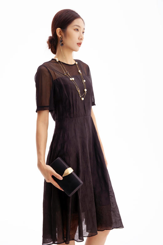 HJ2S19_漆黑色_连衣裙_春夏_复古网纱透视拼接收腰显瘦通勤气质连衣裙_高级女装_BERNIEELEN 伯妮斯茵 商品图3