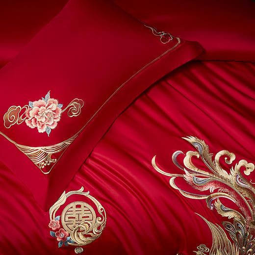 自然醒100支长绒棉囍嫁系列婚庆四件套全棉大红刺绣纯棉喜被新婚嫁结婚房床品GDS 商品图5