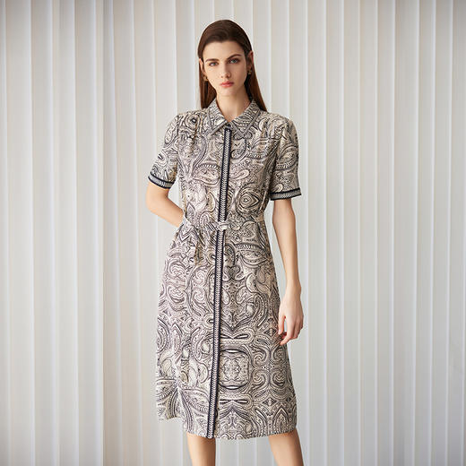 【桑蚕丝印花连衣裙】24年春夏新品女士100%桑蚕丝中长款连衣裙时尚衬衫款真丝裙子 商品图1