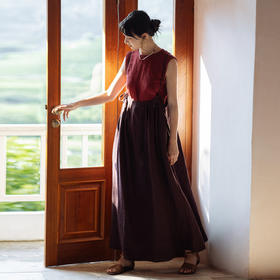 绽放旅行女装362朵/摩卡巧克力砂洗亚麻多穿系带可调节半裙吊带裙