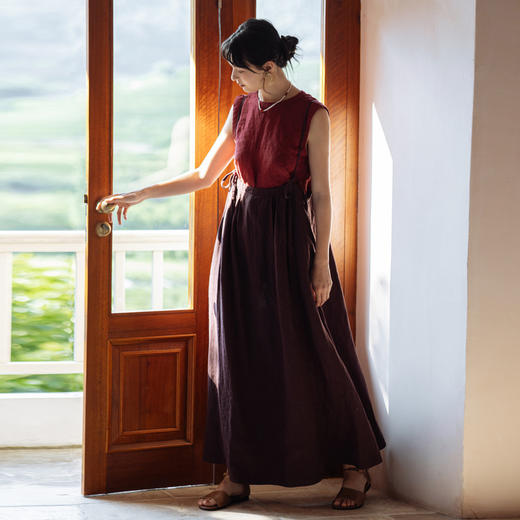 绽放旅行女装362朵/摩卡巧克力砂洗亚麻多穿系带可调节半裙吊带裙 商品图0