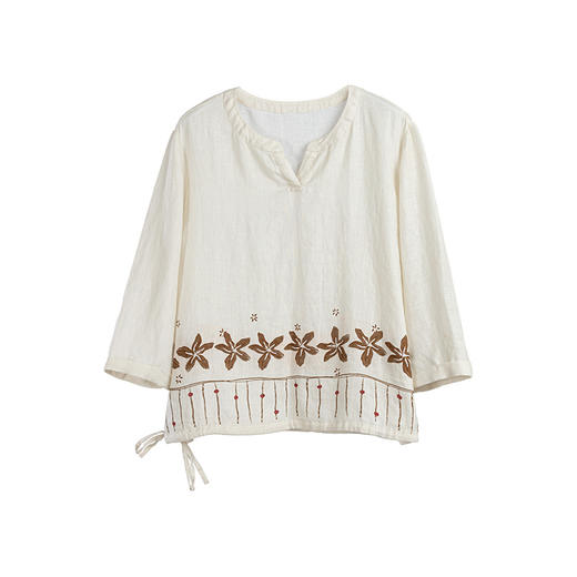 绽放401【甜茶系列·咖啡花】高支亚麻定位印花v领七分袖小衫T恤 商品图4