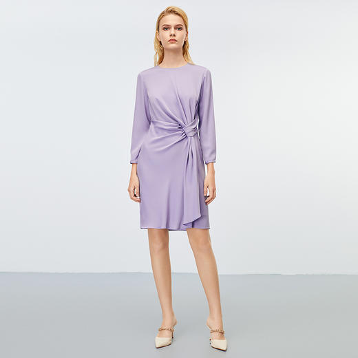 EITIE爱特爱秋季新款通勤OL压褶收腰紫色显瘦高腰连衣裙7907601 商品图1