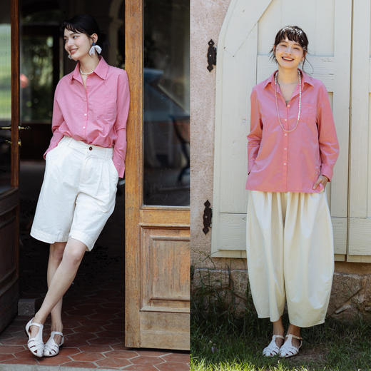 绽放旅行女装403朵/100%汉麻棉侧开衩微落肩套结短款长袖棉麻衬衫 商品图3