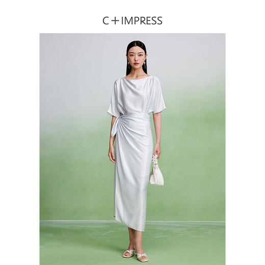 西嘉C+IMPRESS/西嘉静奢风中袖连衣裙女夏季醋酸一字肩围裹式腰间系带LYQ2402081 商品图2