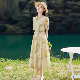端庄法式时尚气质，收腰显瘦印花长款裙HR-MLJL88002