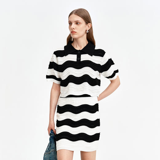 SELFWHO莱赛尔桑蚕丝条纹Polo衫半身裙女2024新款针织衫裙子套装 商品图0