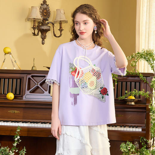 两三事花篮渐满2024夏季新款小清新印花立体装饰棉质t恤女宽松 商品图2