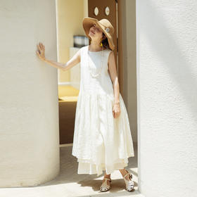 绽放368朵【甜茶系列·淡奶油】42支皱纹苎麻双层褶皱无袖背心裙