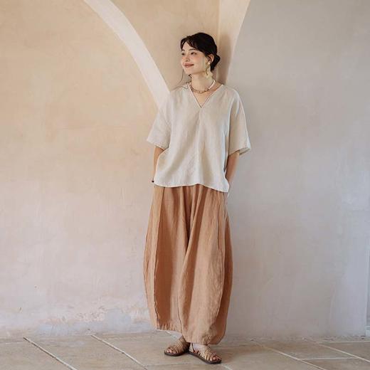 绽放361朵【甜茶系列·卡布奇诺】法国进口砂洗亚麻v领短袖衬衫 商品图2