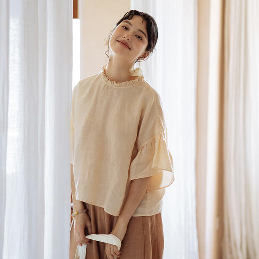 绽放374【甜茶系列·杏仁拿铁】高支砂洗亚麻风琴褶荷叶短袖衬衫 商品图1