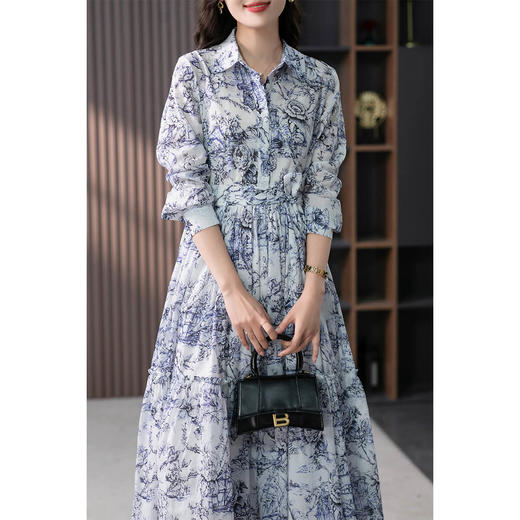 87816原形长袖碎花连衣裙女2024春季新款韩版收腰衬衫长裙子法式茶歇裙 商品图2