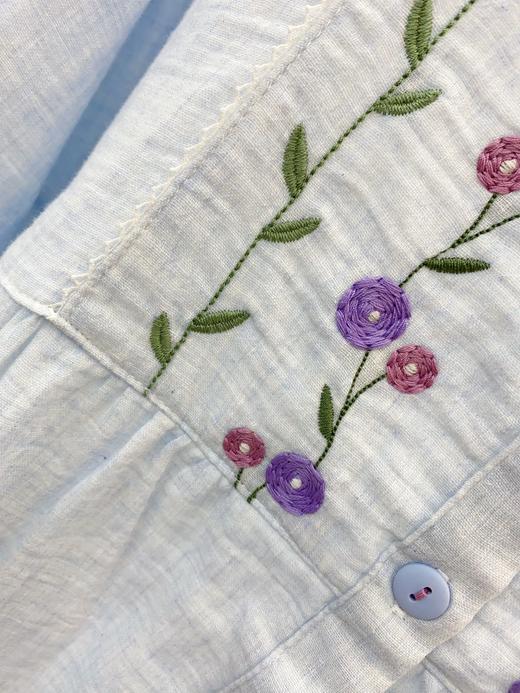 松植屋《烟淡霞》女款圆领长袖长裤家居服套装手工刺绣小花双层棉纱睡衣2024秋季新款 商品图2