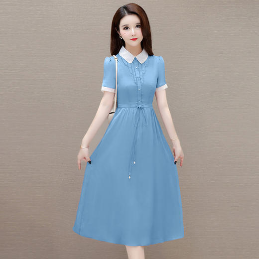 简约长款修身时尚A字裙，娃娃领短袖小清新洋气连衣裙QYM-OMS-ZXA4176-L 商品图1