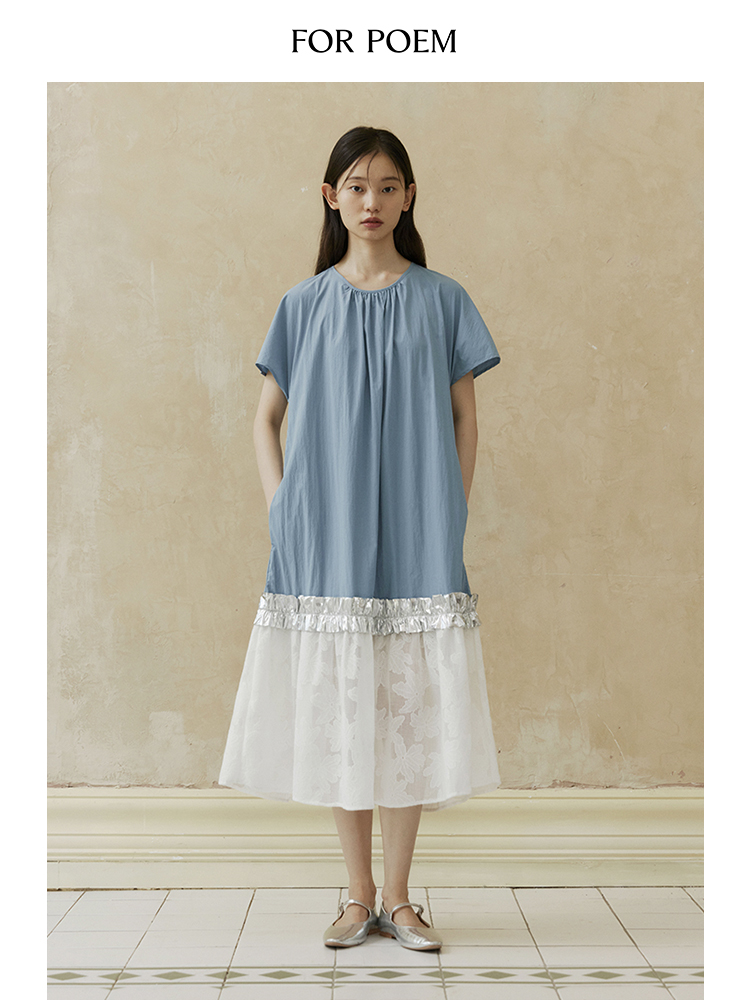 【会员周一口价】ForPoem 现货 24/SS原创设计夏季金属花边蕾丝拼接撞色圆领短袖连衣裙