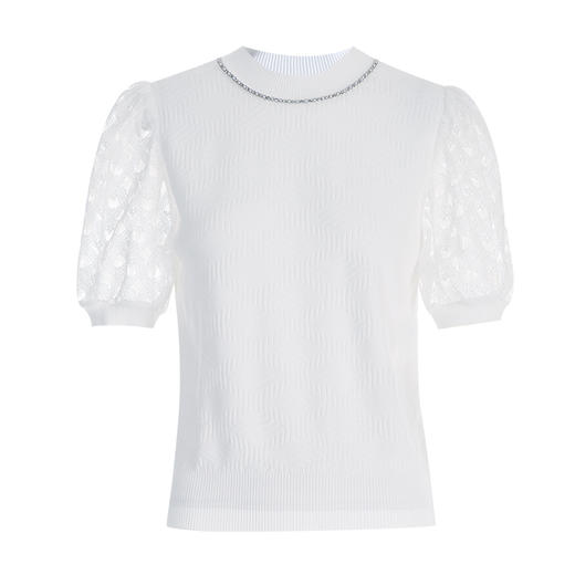 EITIE爱特爱夏季新款气质千金感灯笼袖莱赛尔白色针织衫上衣B2401316 商品图5