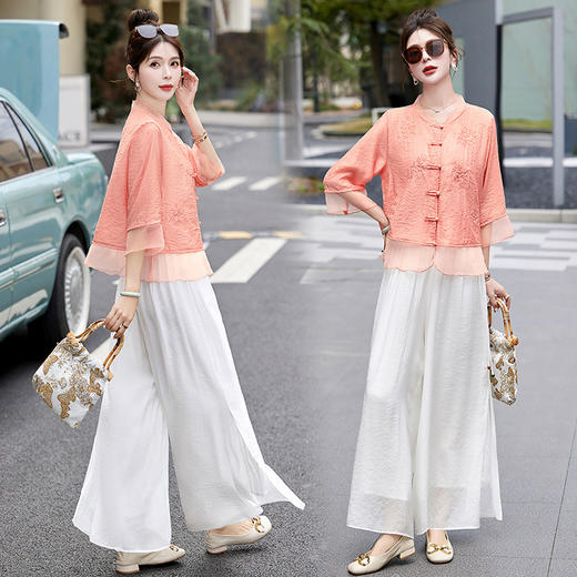 HRYM8868新中式国风刺绣棉麻套装女2024夏装新款时尚洋气减龄阔腿裤两件套 商品图1