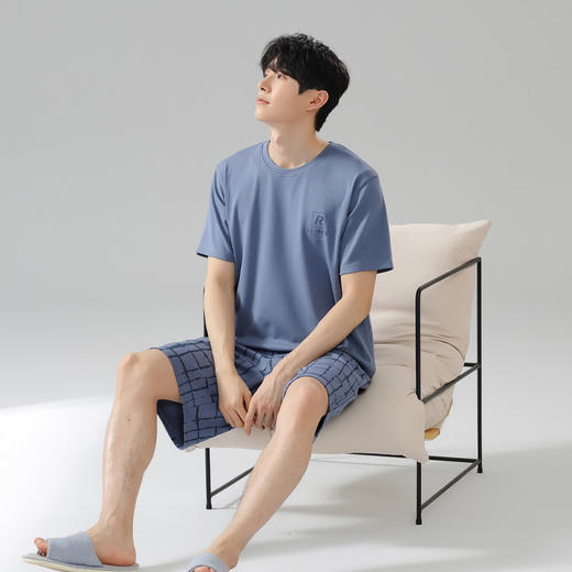  猫人男士短袖格纹蓝色家居服睡衣单套装KYM-5342 商品图4