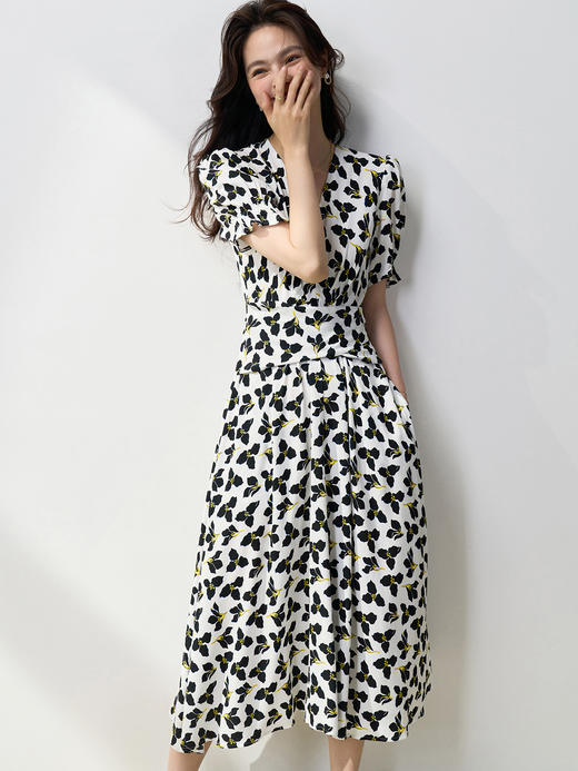 25严选夏清新雅致三叶草围裹式收腰V领短袖茶歇裙显瘦大摆连衣裙_HLY 商品图2