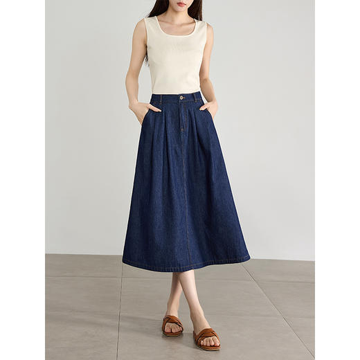 【五折购】熙世界港风复古牛仔半身裙2025夏装新款高腰气质中长款a字伞裙 商品图1