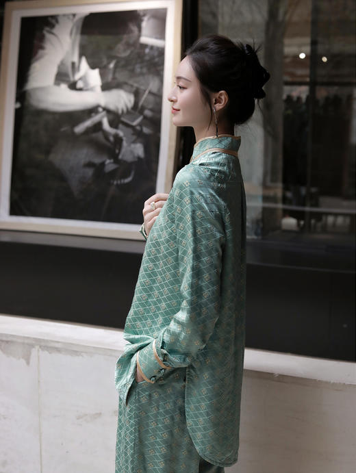 盛唐牡丹 |豆绿色真丝金丝格纹女裤（有内衬) 商品图6