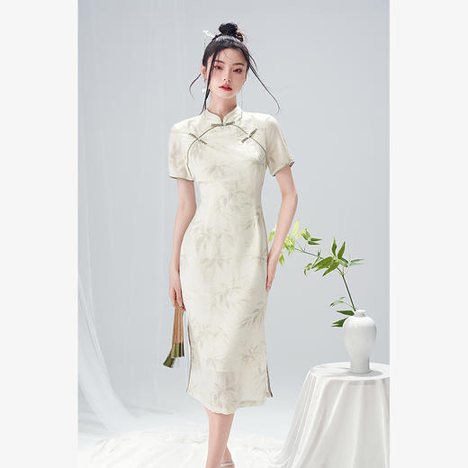 新中式旗袍小清新改良连衣裙新款夏竹叶花色古典短袖裙子V1231333 商品图2