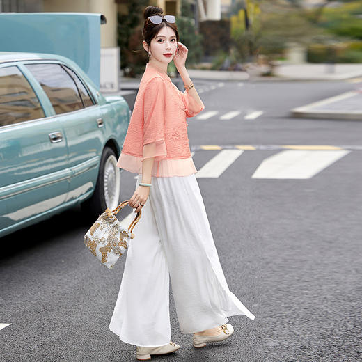 HRYM8868新中式国风刺绣棉麻套装女2024夏装新款时尚洋气减龄阔腿裤两件套 商品图3