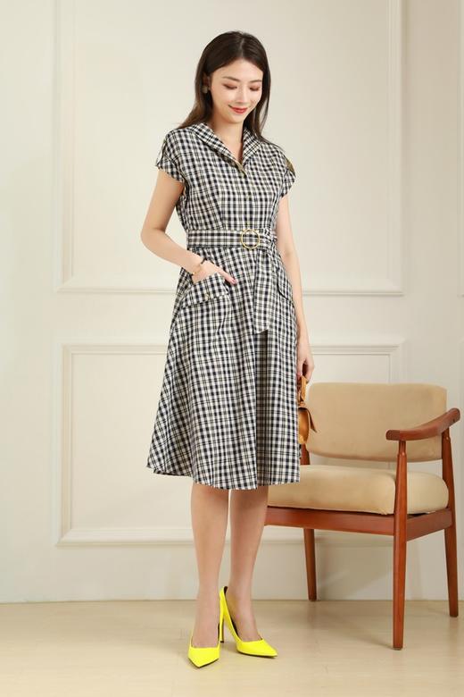 Le Malene 赫本风复古格纹小翻领连衣裙 12204 商品图4