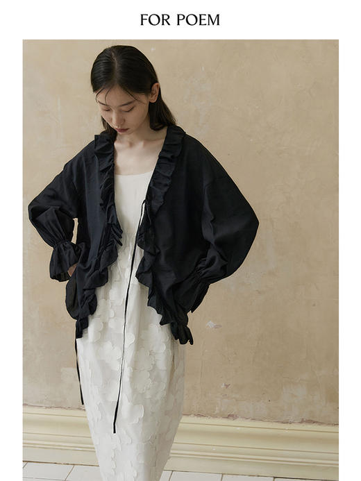 ForPoem 现货 24/SS原创设计醋酸浪漫抽褶荷叶边系带轻薄衬衫防晒衫 商品图3
