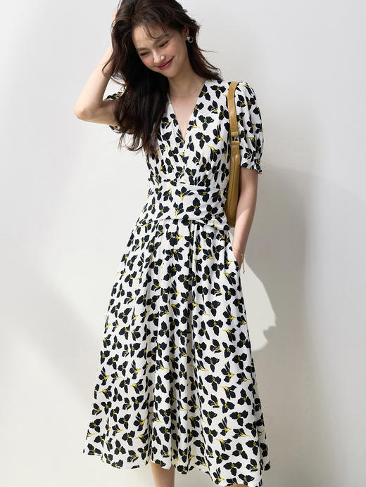 25严选夏清新雅致三叶草围裹式收腰V领短袖茶歇裙显瘦大摆连衣裙_HLY 商品图0
