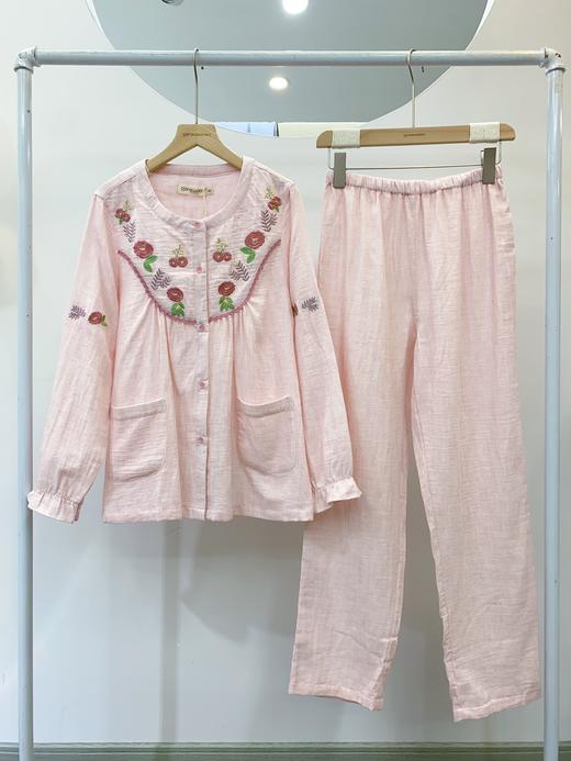 2024新款松植屋《花簇》女款色纺纱布圆领长袖长裤套装手工刺绣小花双层纱纯棉睡衣家居服 商品图0
