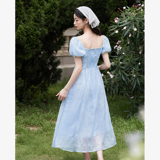 西遇法式浪漫少女感连衣裙子女夏季新款蓝色印花方领收腰长裙D1441292 商品图4