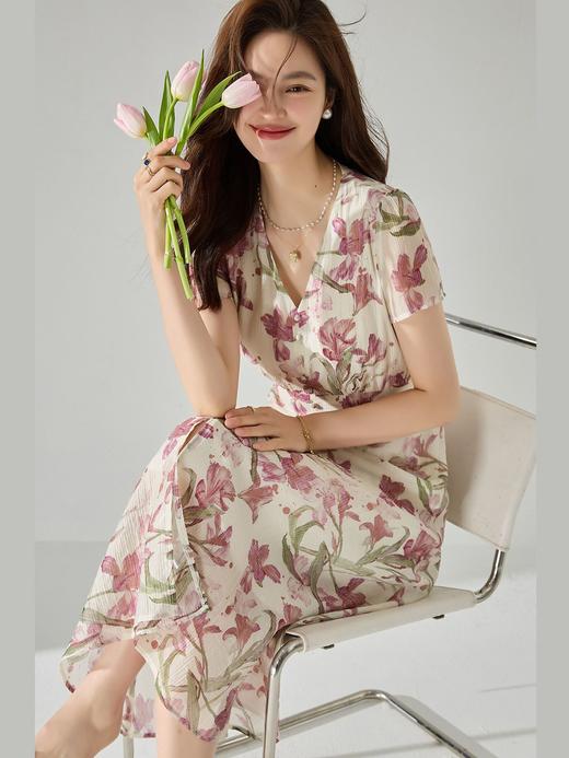 25严选夏褶皱天丝印花茶歇裙法式优雅V领气质收腰鸢尾花中长裙_HLY 商品图1