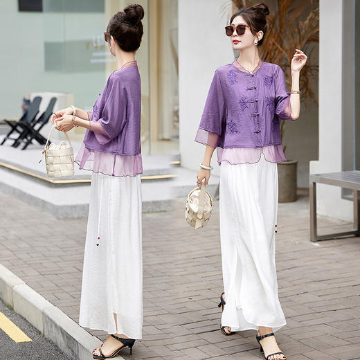 HRYM8868新中式国风刺绣棉麻套装女2024夏装新款时尚洋气减龄阔腿裤两件套 商品图0