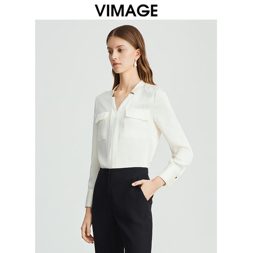 VIMAGE纬漫纪通勤OL气质V领直筒显瘦白色衬衫雪纺上衣秋新款VC2413402 商品图1