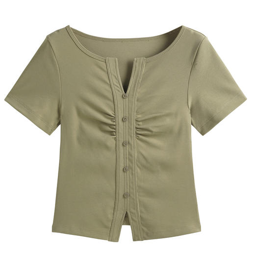 棉质纯欲风V领纽扣高级感褶皱高腰T恤ZS232 商品图4